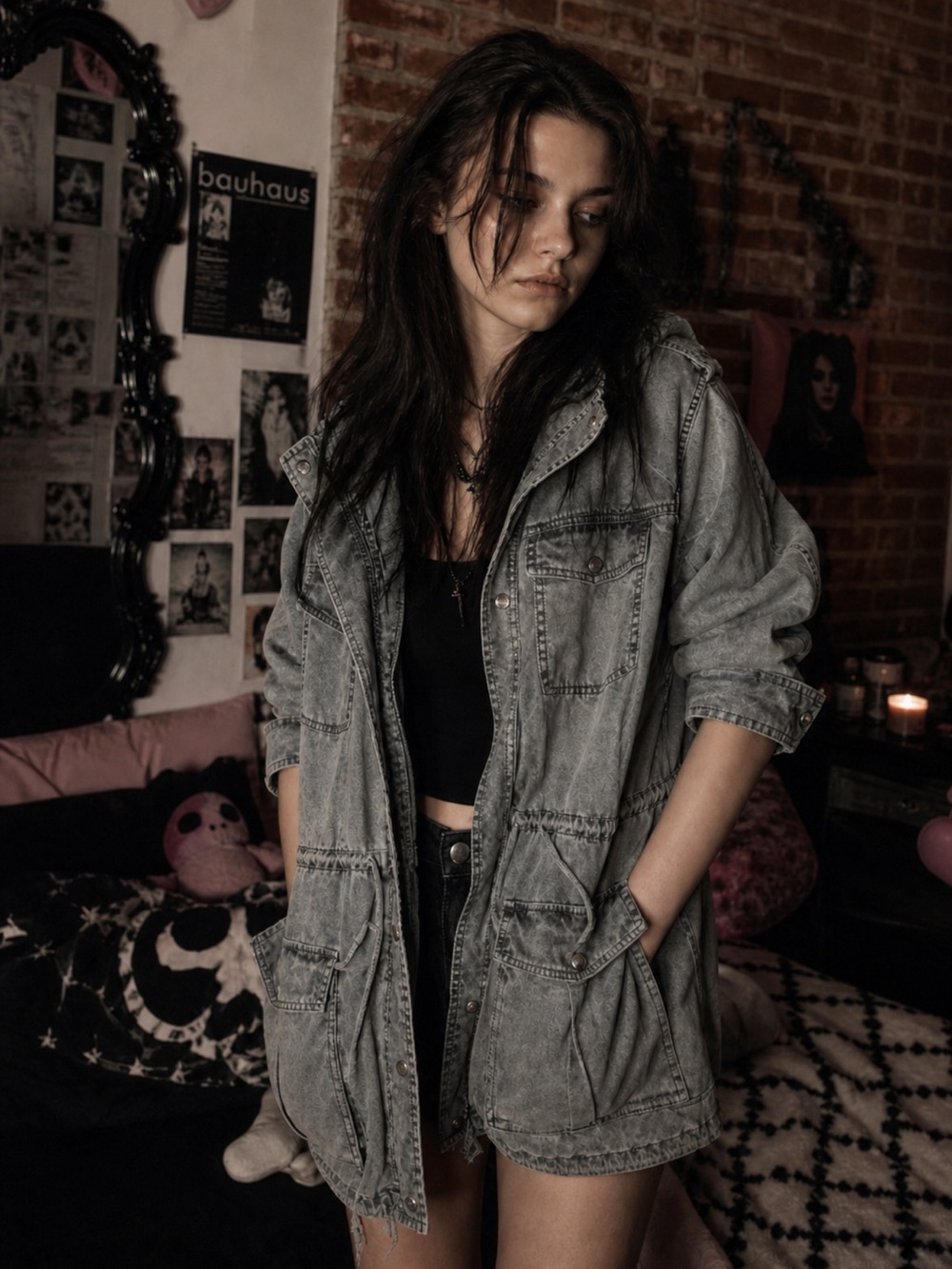 Talula Aritzia Gray Utility Jacket Acid Wash Hooded Anorak Grunge Oversized